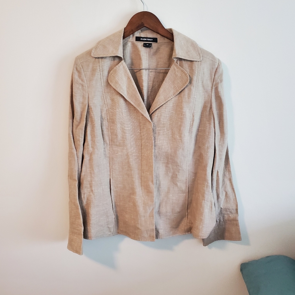 100% linen lightweight button down shacket shirt Ellen Tracy size 14 neutral